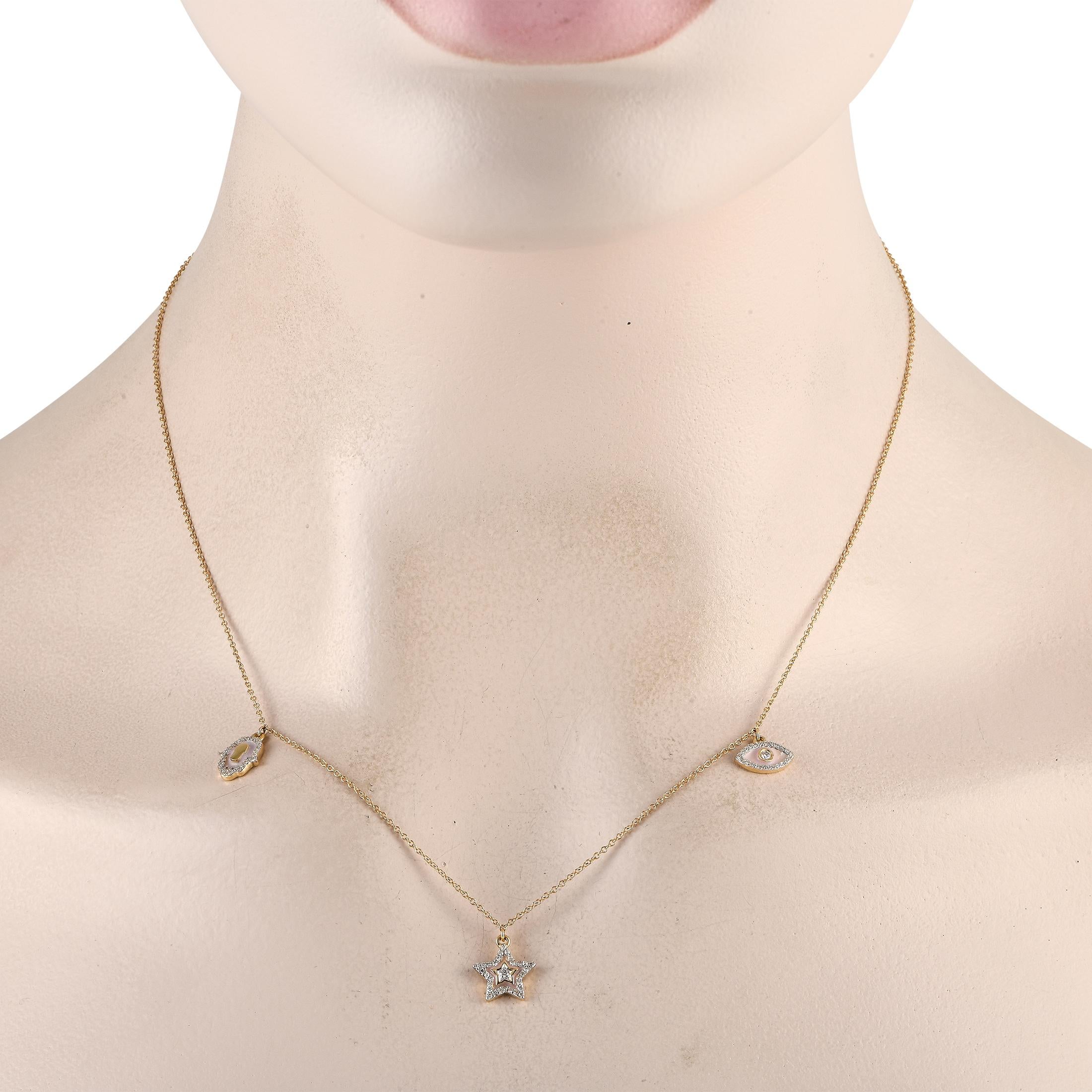 Perfect for anyone with a bohemian aesthetic, this unique luxury necklace comes complete with a series of spiritual symbols suspended from an 18 chain. On each pendant, charming pink accents contrast are beautifully juxtaposed with 14K Yellow Gold