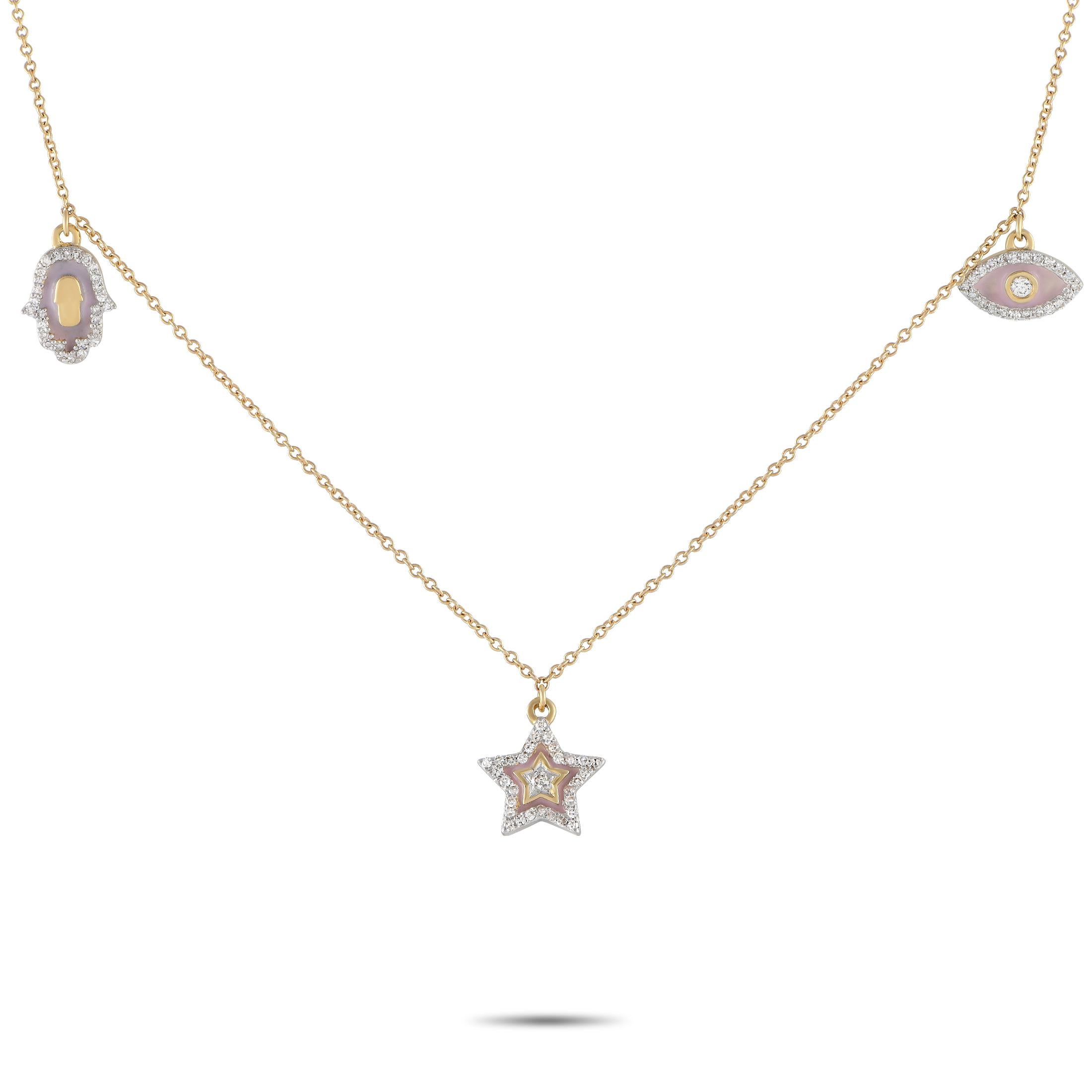 14K Yellow Gold 0.25ct Diamond Hamsa, Evil Eye, and Star Pink Enamel Necklace In New Condition In Southampton, PA