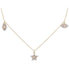 14K Yellow Gold 0.25ct Diamond Hamsa, Evil Eye, and Star Pink Enamel Necklace