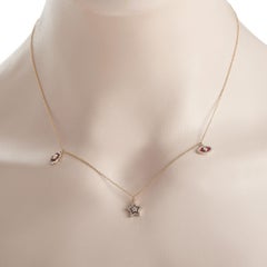 14K Yellow Gold 0.25ct Diamond Hamsa, Evil Eye, and Star Red Enamel Necklace