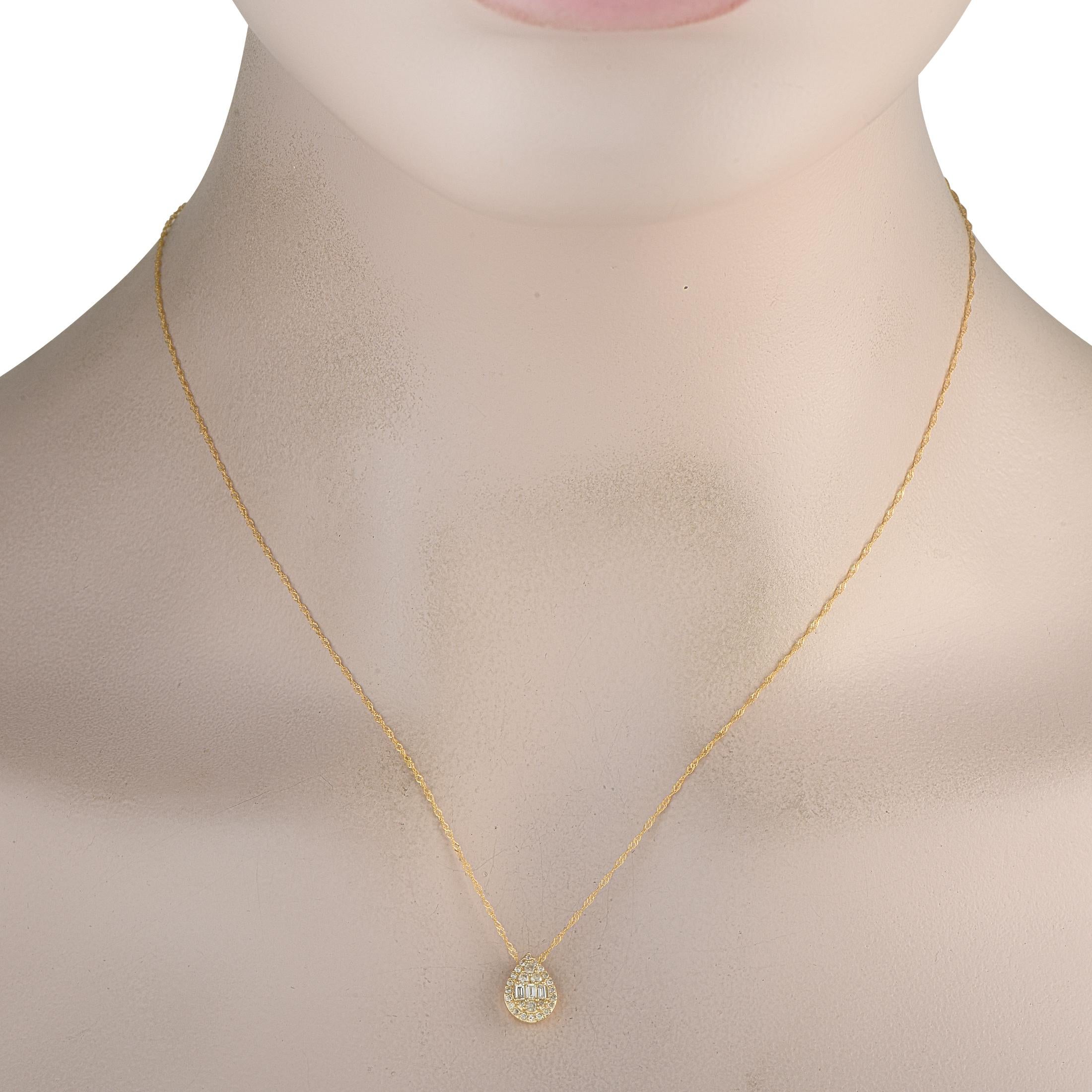 A teardrop shaped pendant measuring 0.44 long by 0.25 wide serves as a stunning focal point on this sophisticated necklace. Crafted from 14K Yellow Gold, the delicate design comes to life thanks to Diamonds with a total weight of 0.25 carats. It