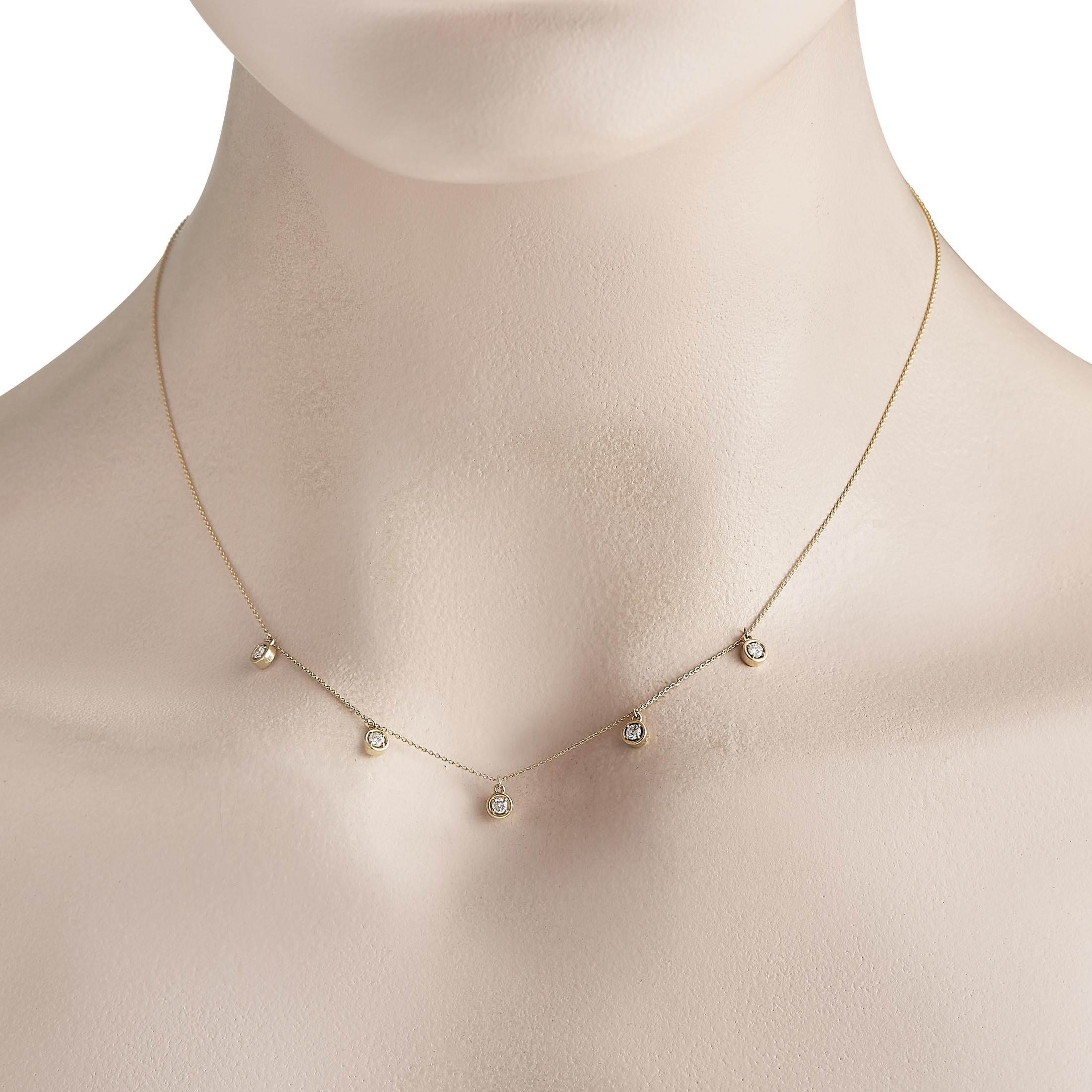 This diamond station necklace can give an instant lift to any outfit. Its minimalist profile and understated sparkle make it suitable for casual, work, evening, or formal wear. The necklace is designed with a 17-long chain and a secure lobster