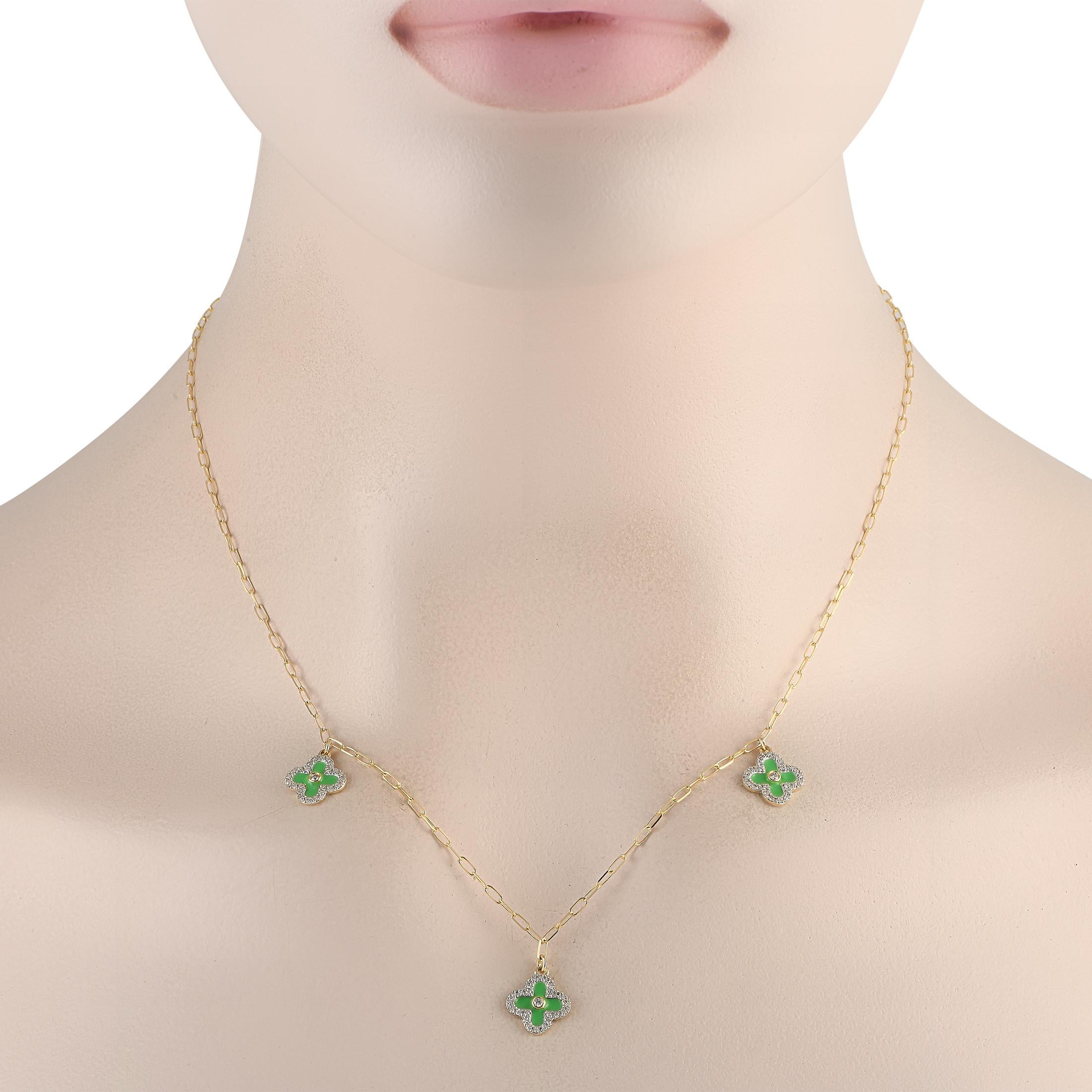 Add an exciting pop of color to any ensemble with this elegant necklace. Suspended from the lustrous 18 paperclip chain are a trio of green clover-shaped pendants measuring 0.45 round. Crafted from 14K Yellow Gold, diamonds with a total weight of