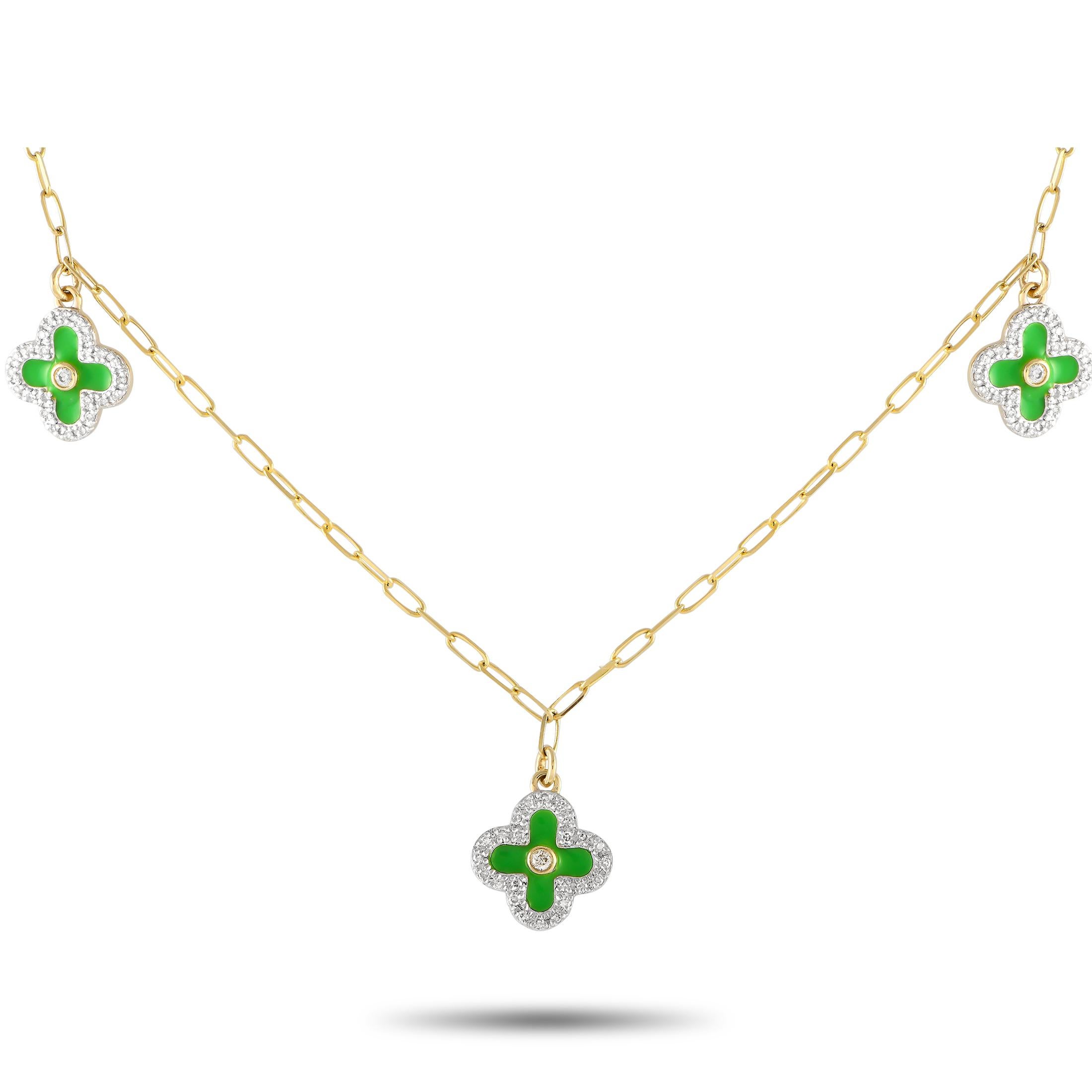 14K Yellow Gold 0.25ct Diamondand Green Enamel Three Flower Necklace NK01431 In New Condition For Sale In Southampton, PA