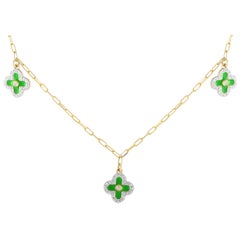 14K Yellow Gold 0.25ct Diamondand Green Enamel Three Flower Necklace NK01431