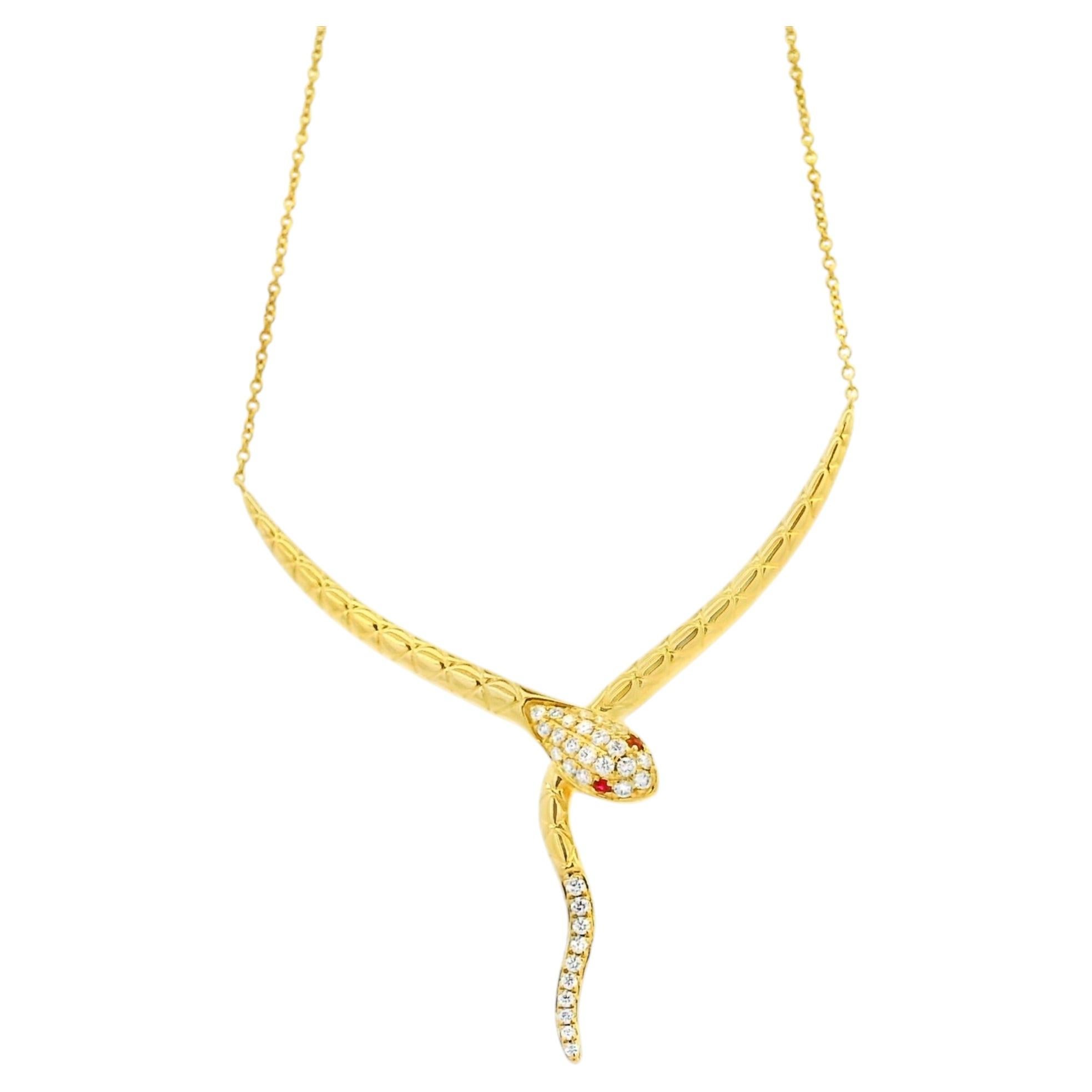 14k Yellow Gold 0.25ct Round Diamonds and 0.02ct Rubies in a Snake Necklace