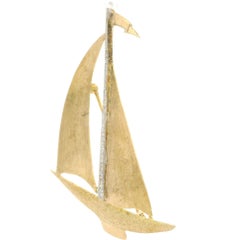 14k Yellow Gold 0.25ctw Diamond Florentine Textured Sail Boat Ship Pin Brooch