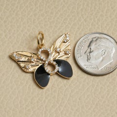 14K Gelbgold 0,26 CT Diamant Pave & Schwarz Emaille Schmetterling Charm Anhänger