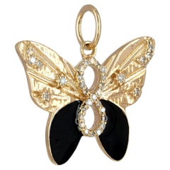 14K Gelbgold 0,26 CT Diamant Pave & Schwarz Emaille Schmetterling Charm Anhänger