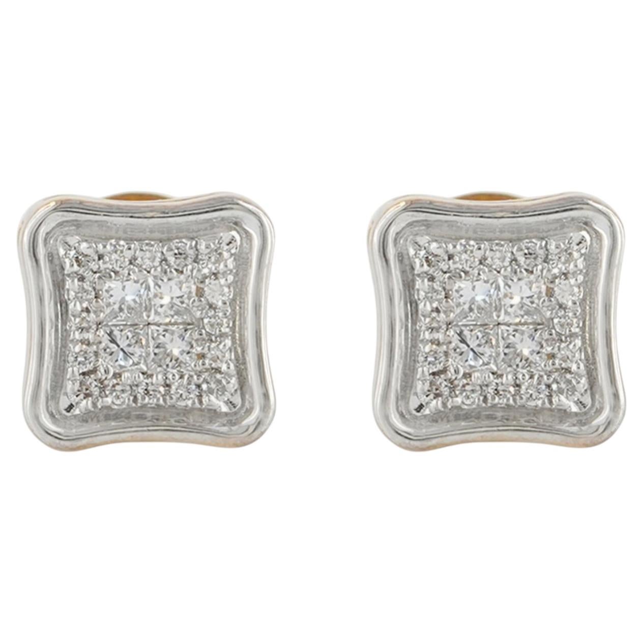 14K Yellow Gold 0.28 CT Natural Diamond Cushion Princess Cluster Stud Earrings