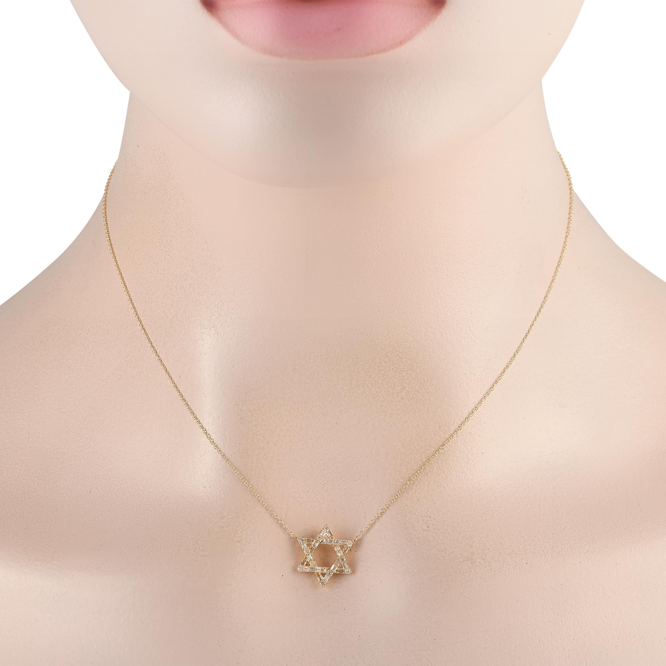 With incredible versatility, this diamond necklace will be your favorite daily companion. This piece is crafted from 14K yellow gold, with a pendant measuring half an inch and a chain measuring 16 inches long. The pendant is designed as a