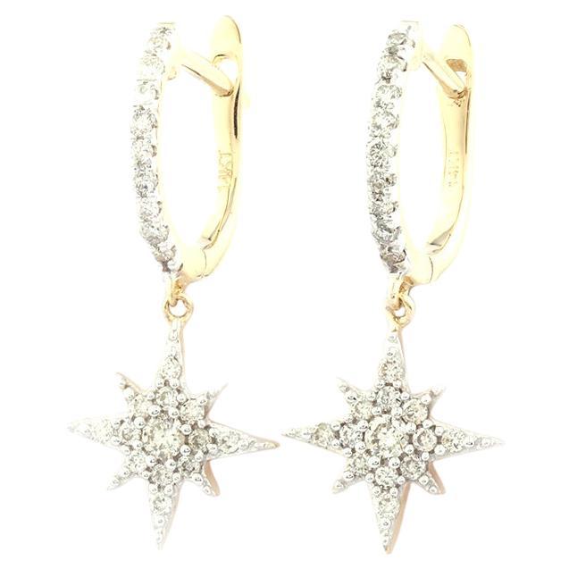14KT Yellow Gold Diamond Star Dangle Huggie Hoop Earrings