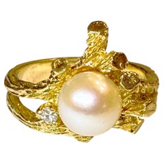 Bague moderniste/brutaliste en or jaune 14k de 0,03 carat de diamant et de perle Taille 6,25