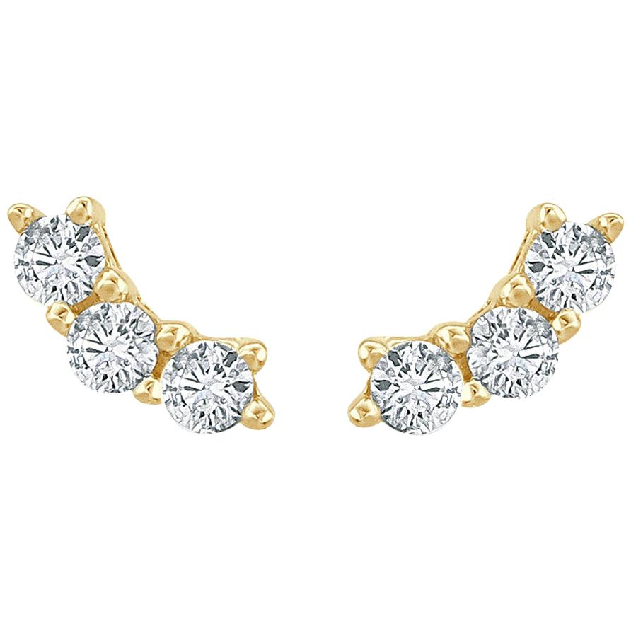Clous d'oreilles à 3 pierres en or jaune 14 carats et diamants de 0,30 carat en vente