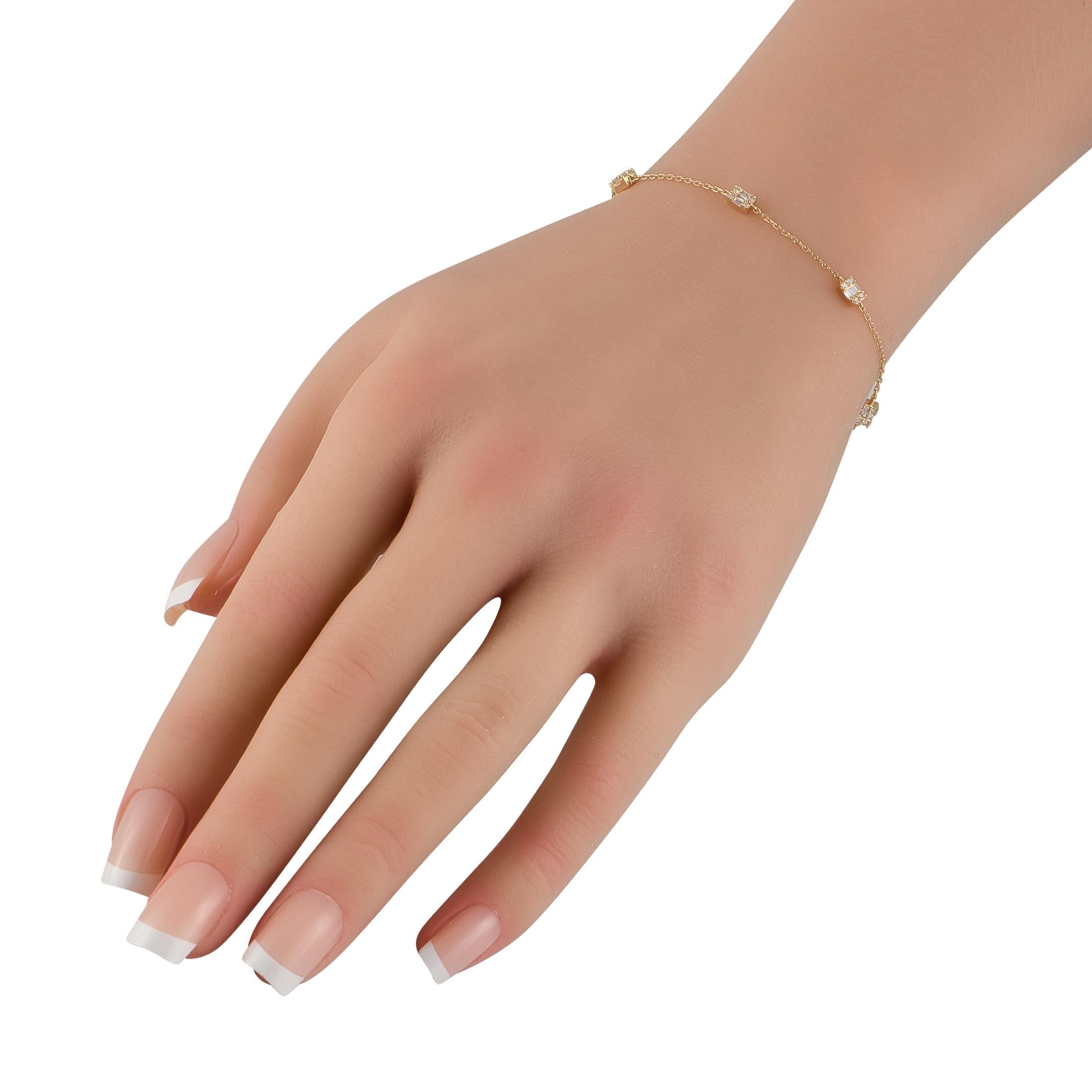 This sophisticated bracelet features a delicate design that will never go out of style. Diamonds with a total weight of 0.30 carats contrast beautifully against the 14K Yellow Gold setting. This piece measures 7 long and will look elegant no matter