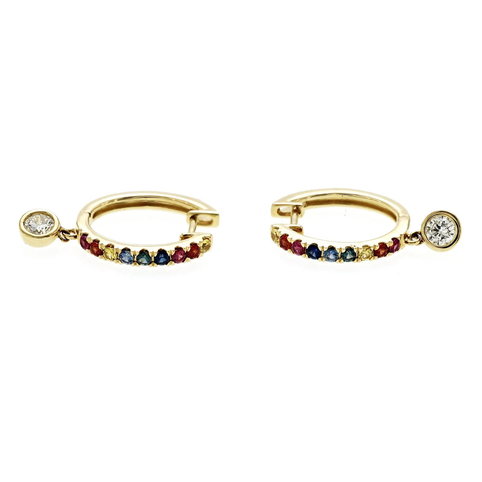 Women's or Men's 14K Yellow Gold 0.32 CT Multicolor Gemstones and 0.20 CT Diamonds Hoop Earrings For Sale