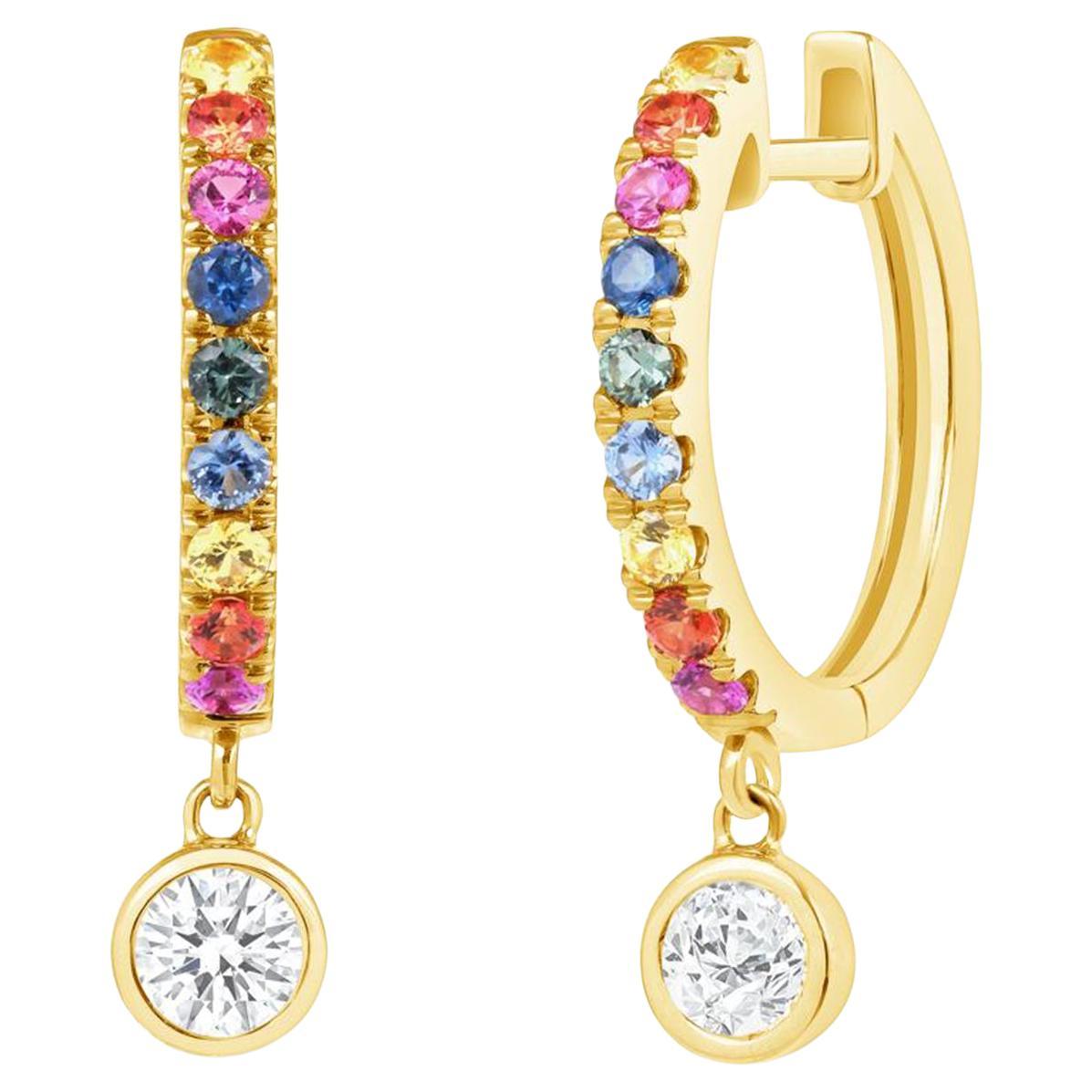14K Yellow Gold 0.32 CT Multicolor Gemstones and 0.20 CT Diamonds Hoop Earrings For Sale