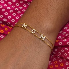 14K Yellow Gold 0.32 CT Natural Diamond Pave "MOM" Letter Station Chain Bracelet