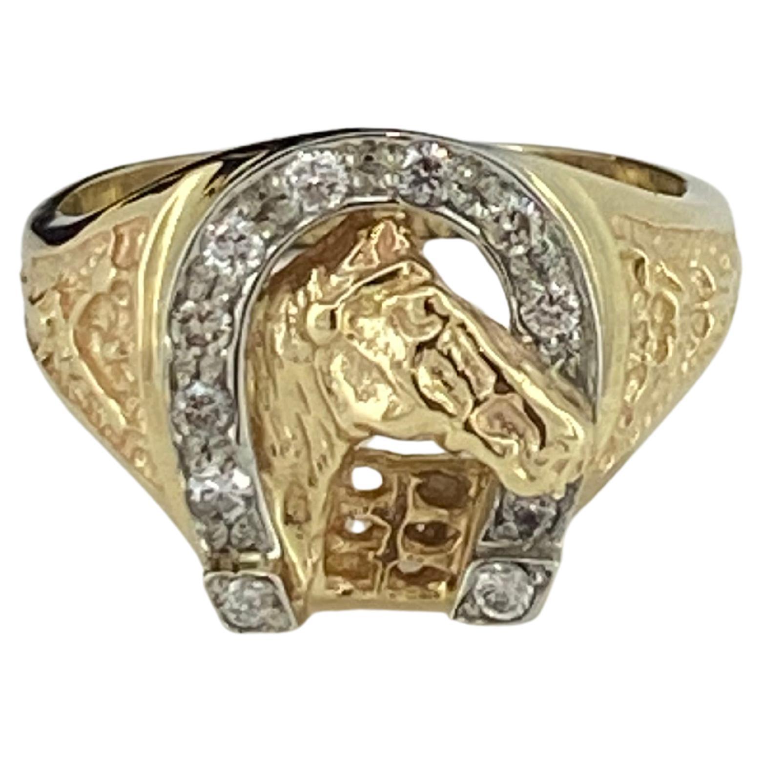 Anello maschile / unisex in oro giallo 14K e diamante da 0,32 carati con ferro di cavallo e firma del cavallo