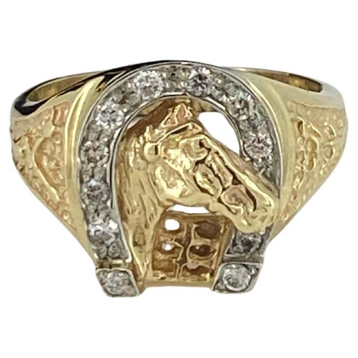 14K Yellow Gold and 0.32ct Diamond HorseShoe and Horse Signet Mens ...