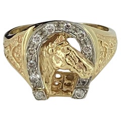 Anello maschile / unisex in oro giallo 14K e diamante da 0,32 carati con ferro di cavallo e firma del cavallo