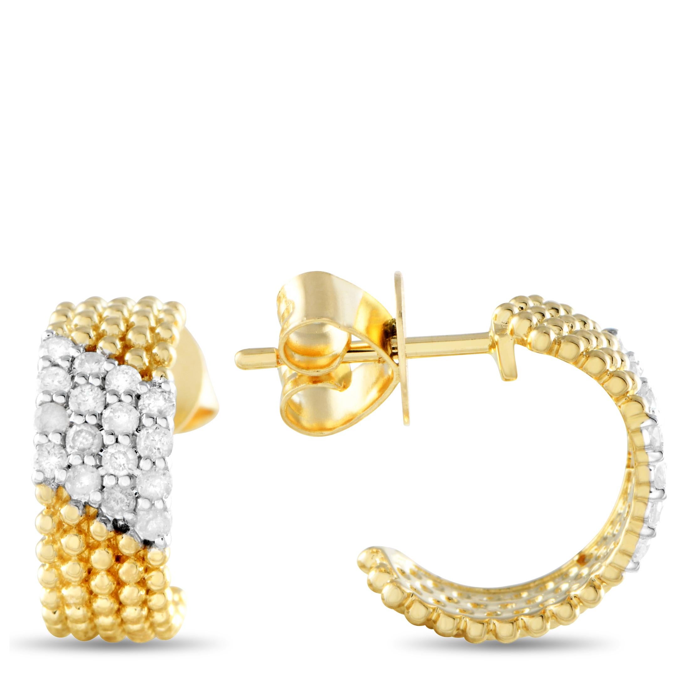 Inject a sense of elegance to your every day with these classy, clean, and chic C-hoop earrings. This pair is crafted in 14K yellow gold, featuring a curved C silhouette with five rows of golden beads interrupted by five short lines of petite round