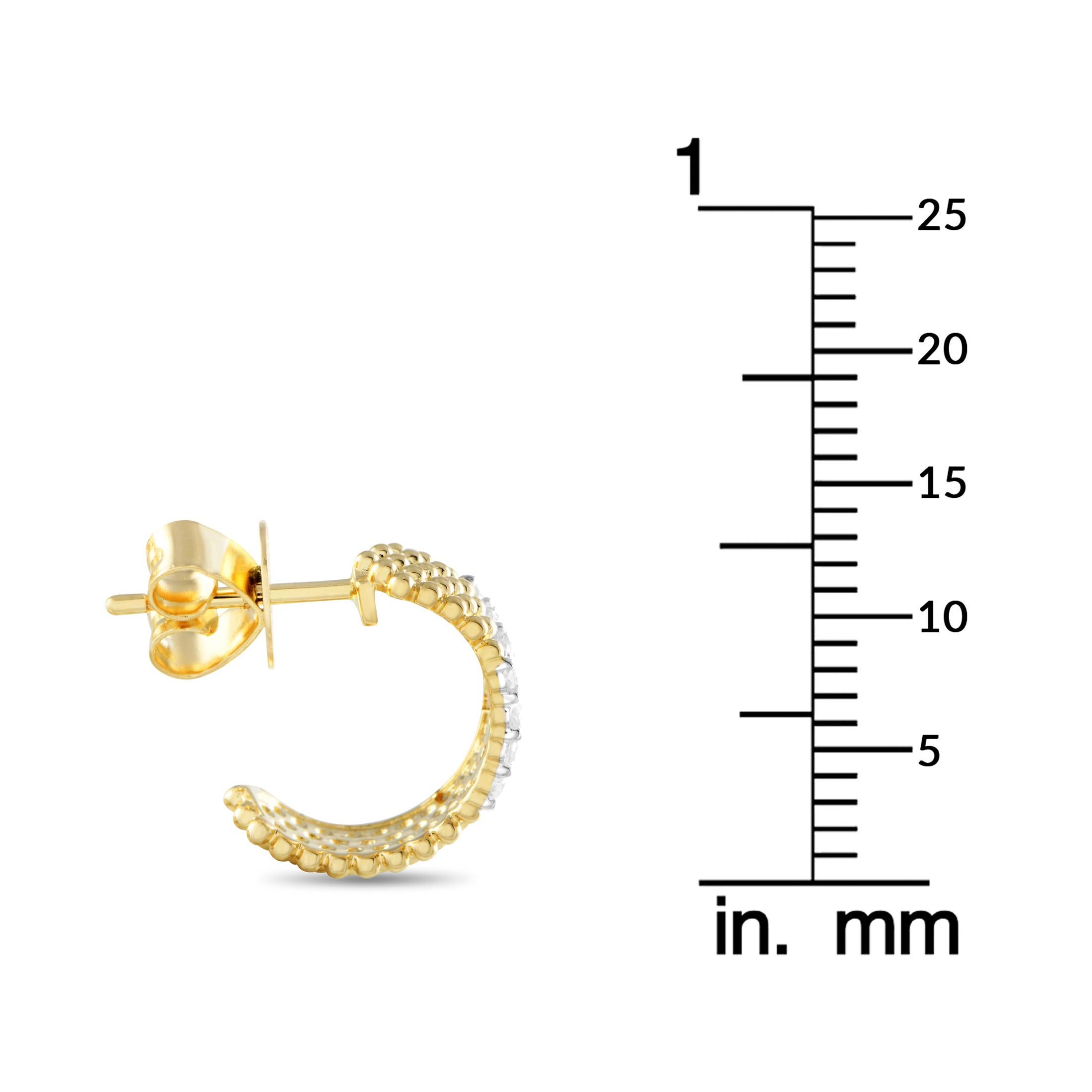 Round Cut 14K Yellow Gold 0.35ct Diamond Beaded C-Hoop Earrings For Sale