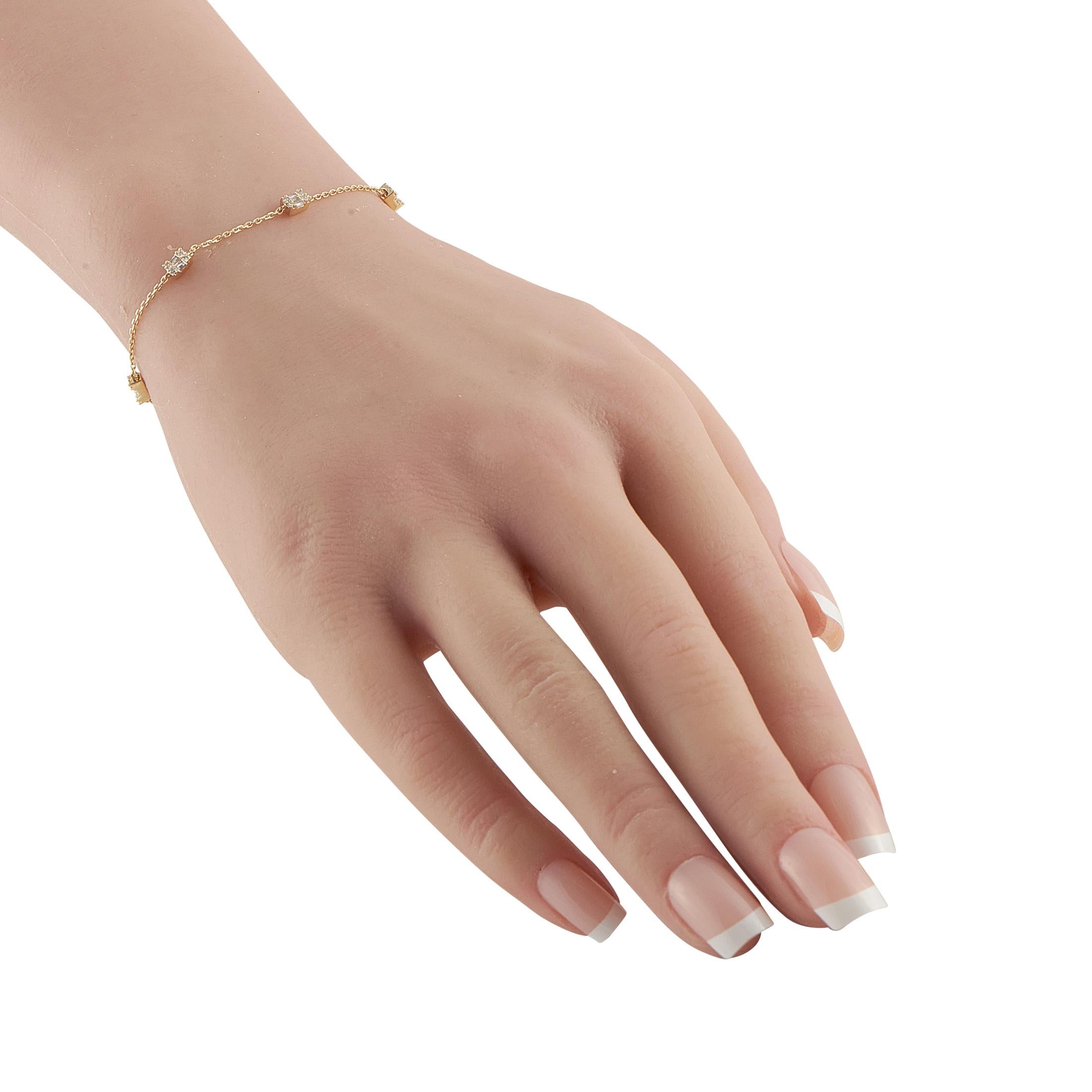 This dainty bracelet will add a touch of sparkle to any ensemble. Elegant and understated, the 14K Yellow Gold setting is elevated by Diamond accents totaling 0.35 carats. It measures 7.0 long and includes a secure lobster clasp closure.This jewelry