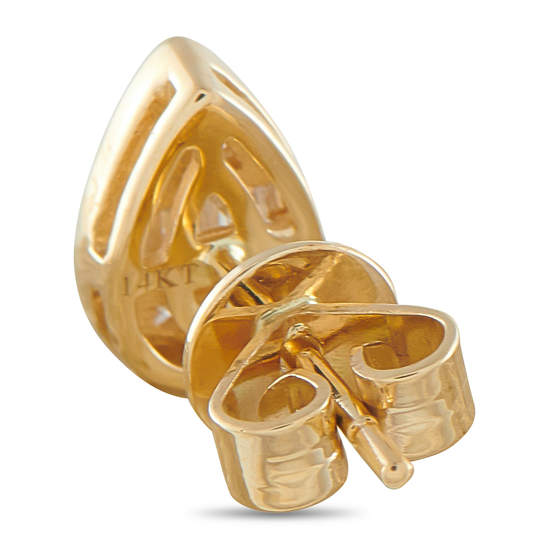 A teardrop shaped design makes these luxury earrings incredibly elegant. Crafted from 14K Yellow Gold, a creative arrangement of Diamonds totaling 0.35 carats make a statement at the center. Each earring measures 0.32 long by 0.25 wide.This jewelry