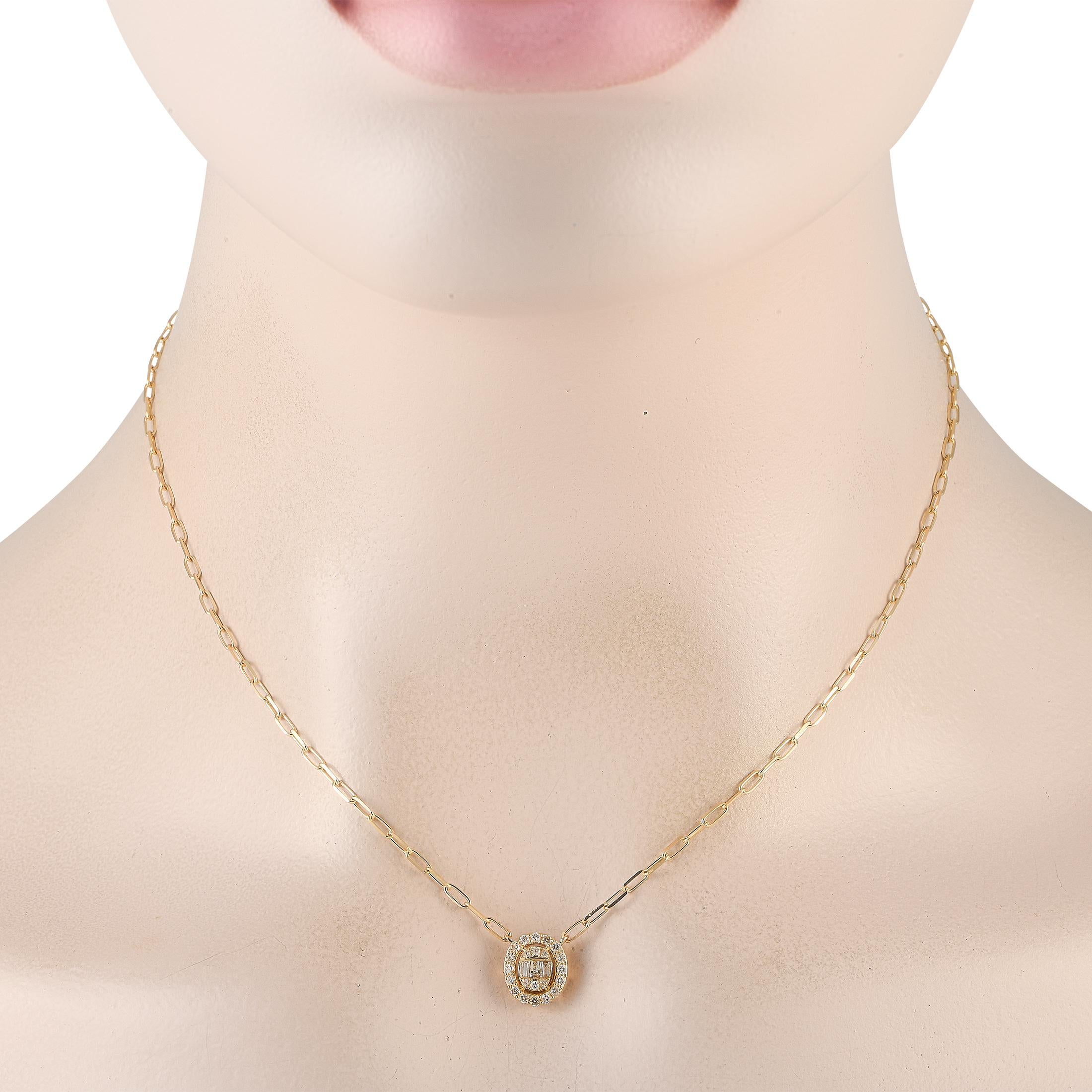 An oval-shaped pendant covered in 0.35 carats of sparkling diamonds serves as a stunning focal point on this unforgettable necklace. Ideal for any occasion, its crafted from 14K Yellow Gold and features a 16 paperclip chain. The pendant measures