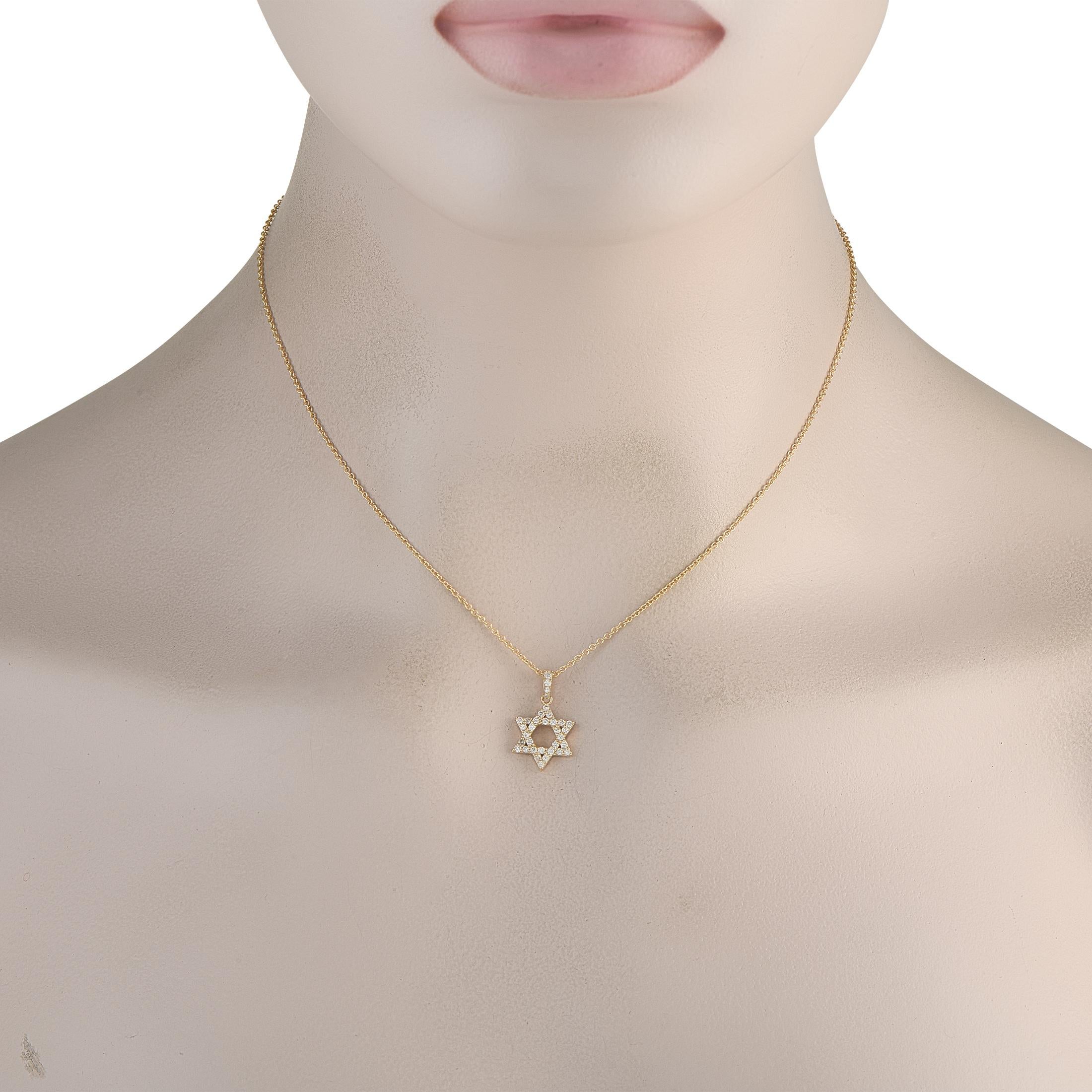 This 14K Yellow Gold necklace will add style and sophistication to any ensemble. A classic six-pointed star pendant allows you to put your faith boldly on display. Covered in Diamonds with a total weight of 0.35 carats, the pendant measures 0.75