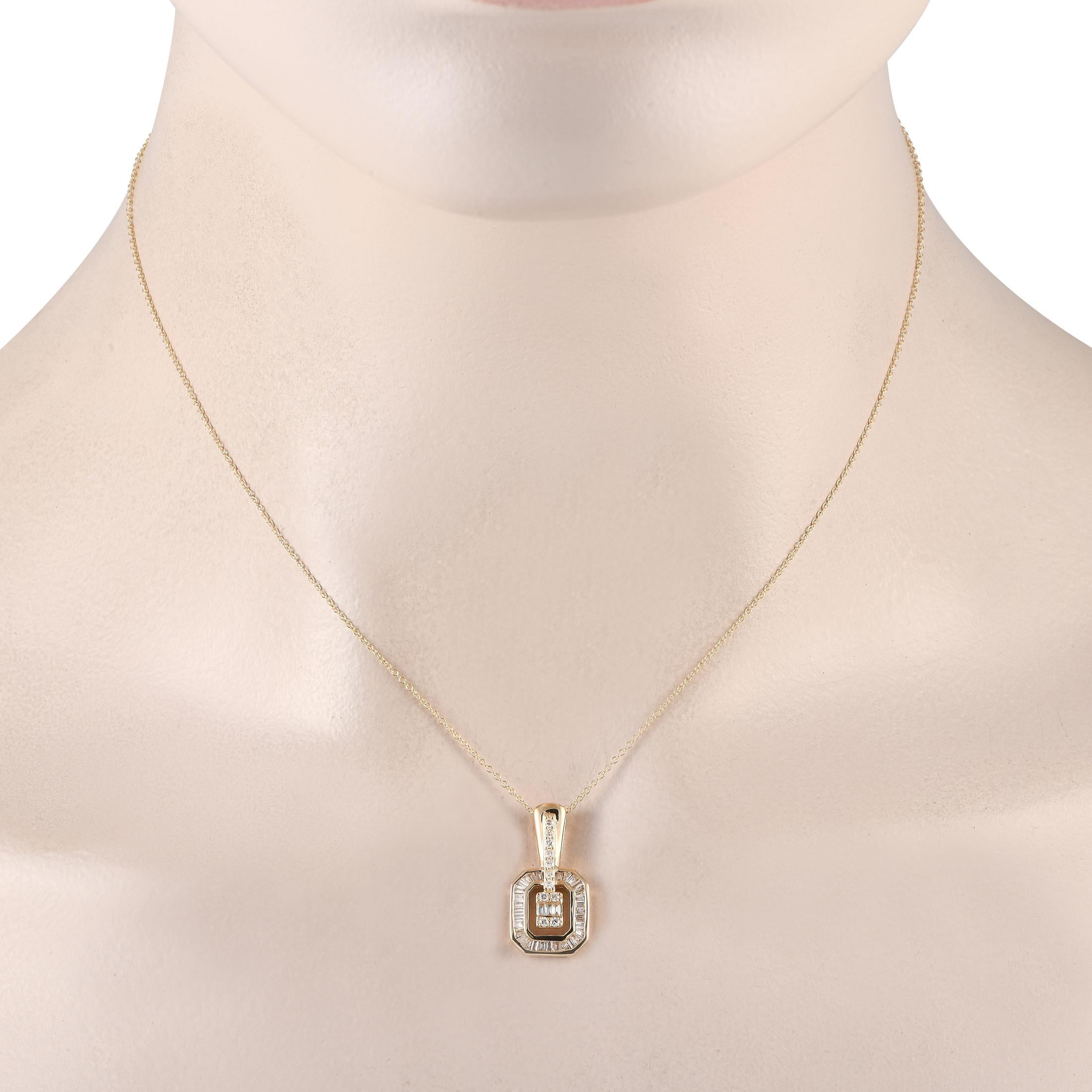 You will love the geometric aesthetic and subtle glitter of this diamond necklace. It has a barely-there chain and an octagonal pendant bordered with tapered baguette diamonds and centered with a cluster of more diamonds. A polished gold bail with a