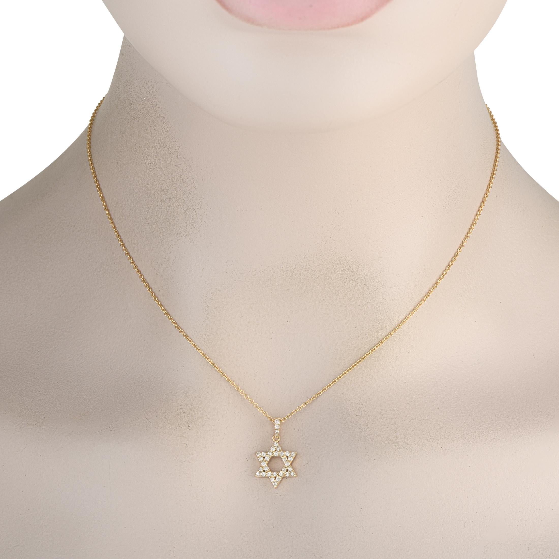 This 14K Yellow Gold necklace possesses a timeless design. A classic six-pointed star pendant covered in 0.35 carats of sparkling Diamonds serves as a stylish symbol of faith. The pendant measures 0.75 long by 0.70 wide and is suspended from a 16