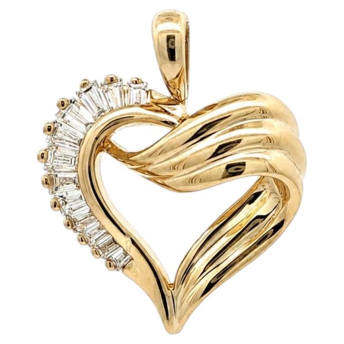 14k Yellow Gold 0.35ctw Baguette Diamond Grooved Open Heart Pendant