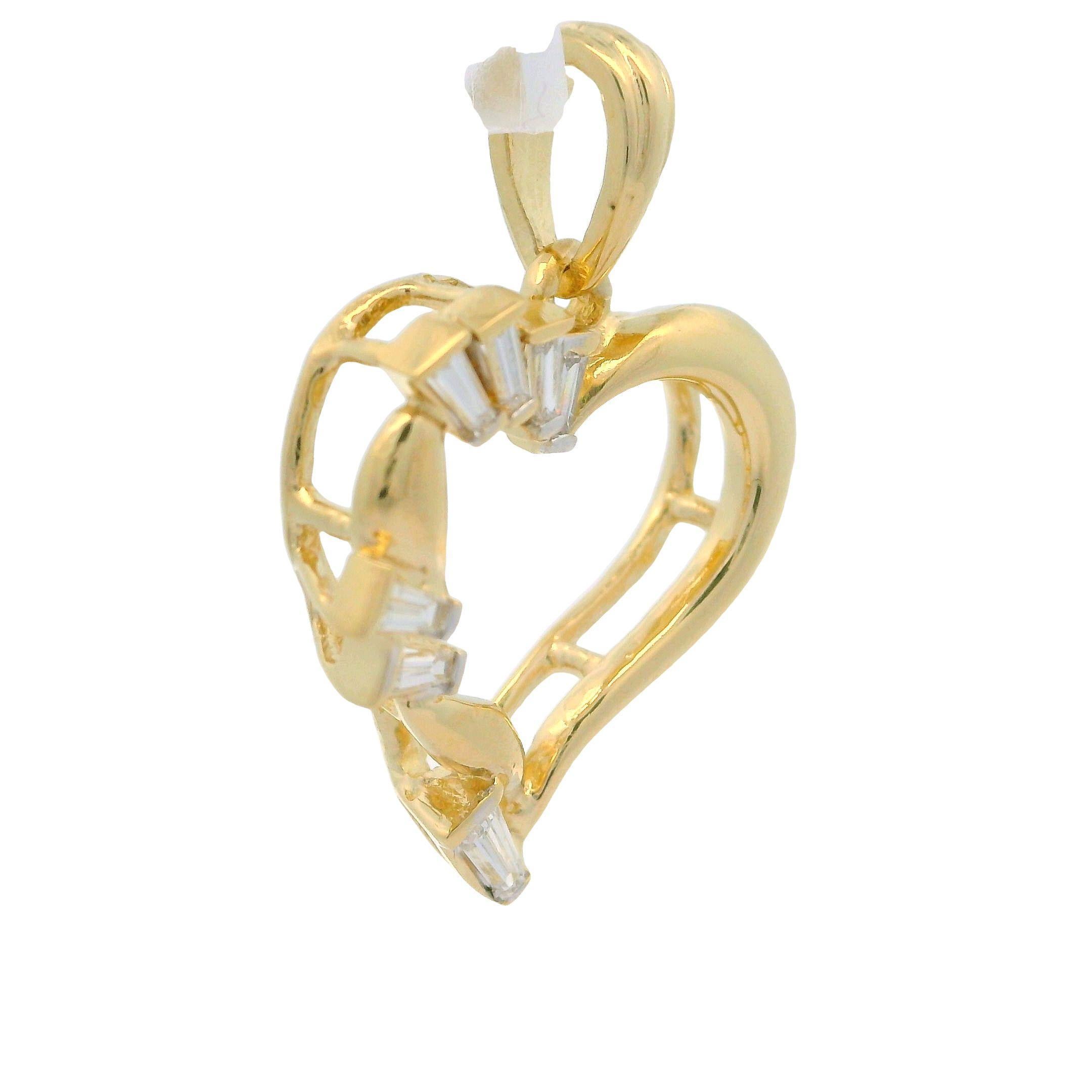 Tapered Baguette 14k Yellow Gold 0.35ctw Baguette Diamond Unique Open Heart Charm Pendant For Sale