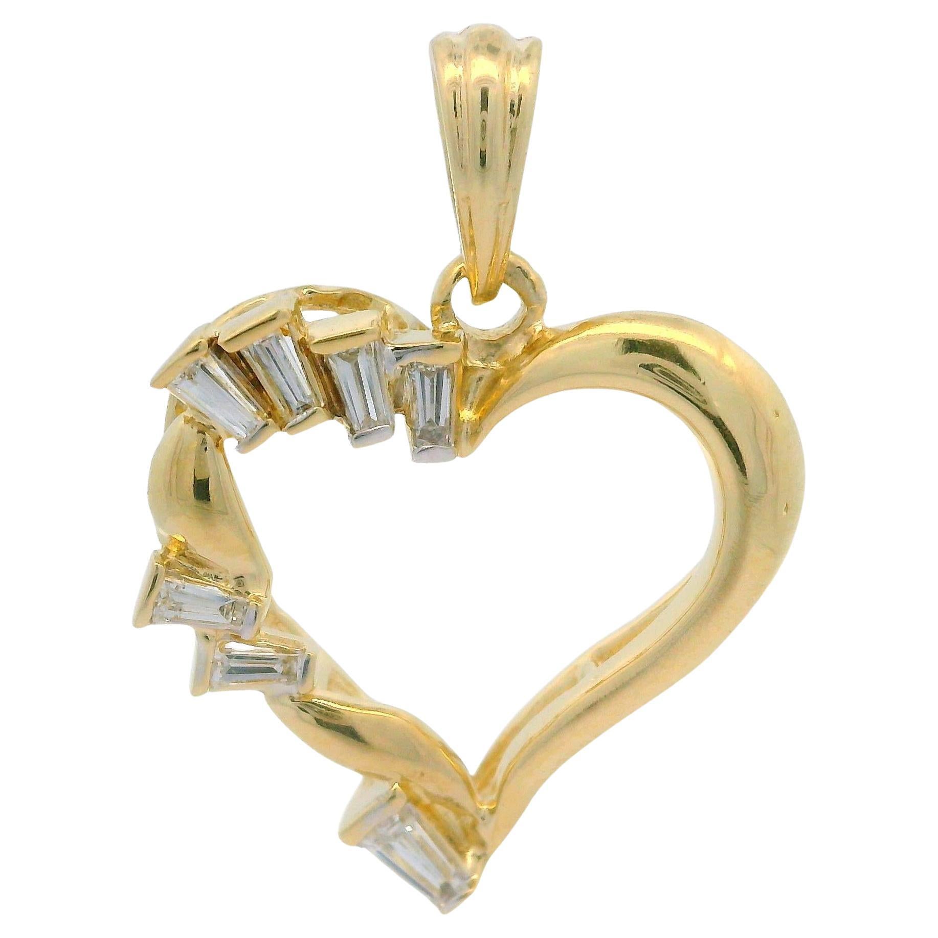 14k Yellow Gold 0.35ctw Baguette Diamond Unique Open Heart Charm Pendant For Sale