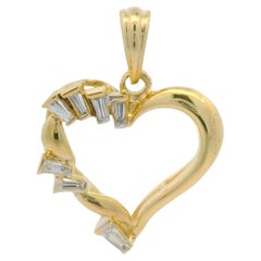 14k Yellow Gold 0.35ctw Baguette Diamond Unique Open Heart Charm Pendant