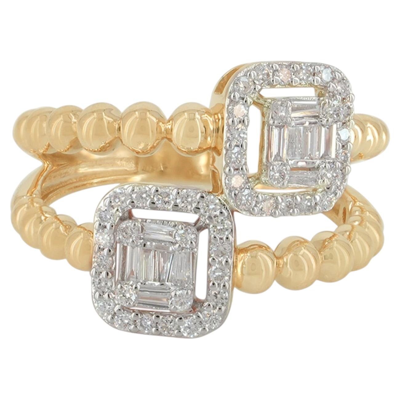 Solid 14K Yellow Gold 0.37Ct Baguette Diamond Halo Cluster Split Shank Ring For Sale