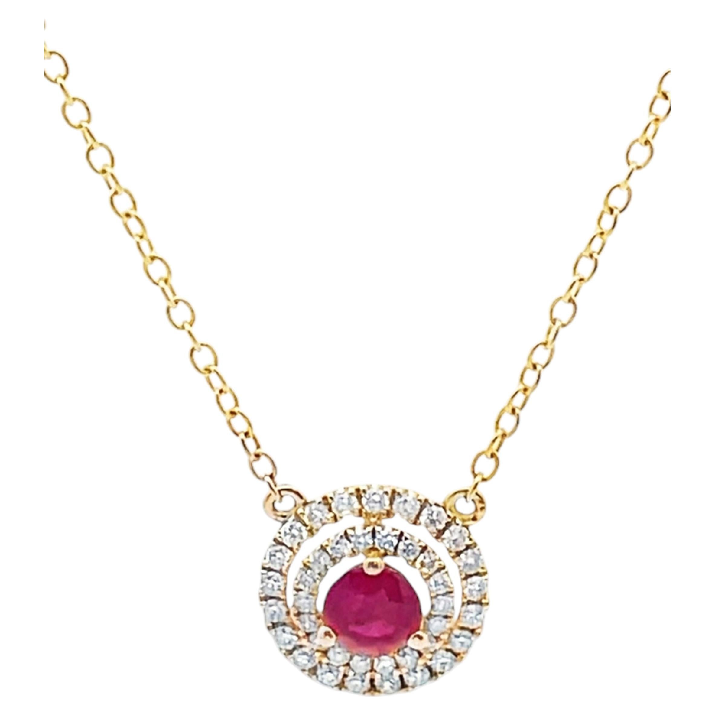 14K Yellow Gold 0.37 Ct Round Ruby, 0.23 Ct Diamond Double Halo Pendant Necklace