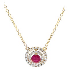 14K Yellow Gold 0.37 Ct Round Ruby, 0.23 Ct Diamond Double Halo Pendant Necklace