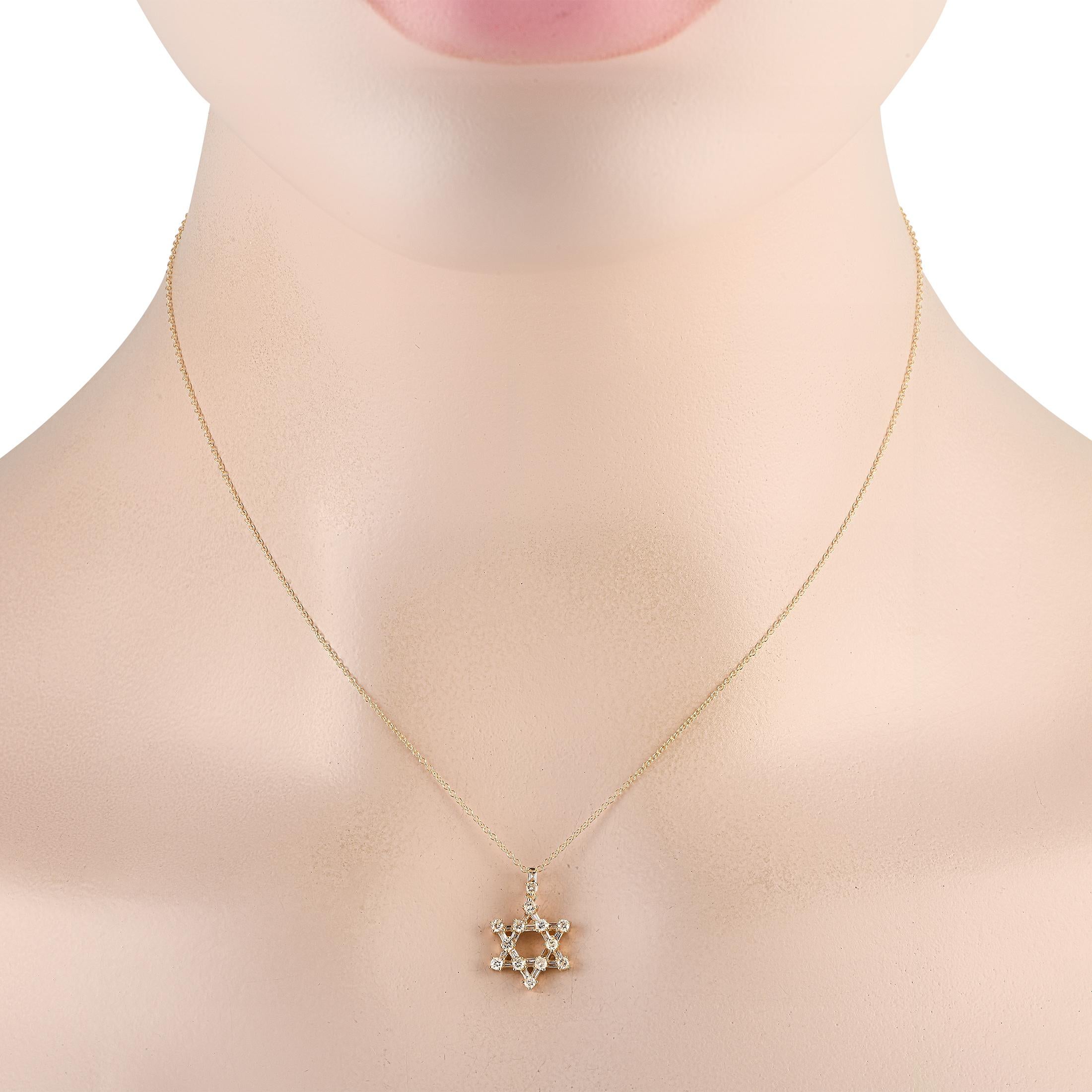 Do you prefer to wear the same minimalist jewelry day after day? Do it in style by picking this hexagram necklace. It features a thin chain in 14K yellow gold holding a six-pointed star pendant measuring less than half an inch. The yellow gold star