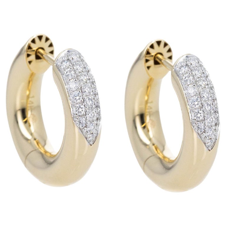14K Yellow Gold Carat Diamond Donut Hoop Earrings For Sale at