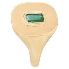 14K Yellow Gold 0.40 CT Natural Emerald Bezel-Set Cushion Signet Ring for Gift