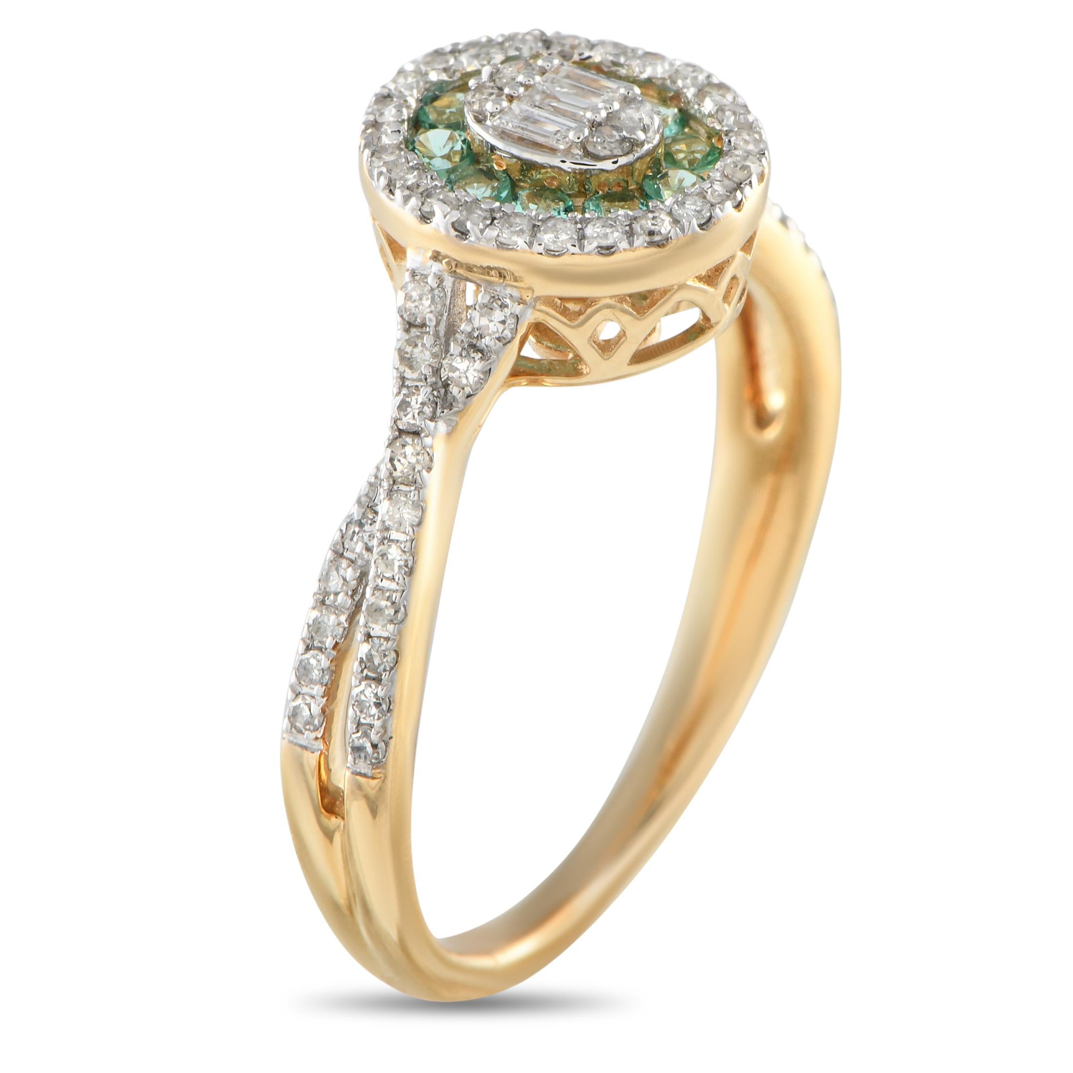 This diamond and emerald ring, offer an easy way to transform your look. Crafted from 14K yellow gold, the oval-shaped diamond clusters elegantly frame vibrant emeralds and a shimmering diamond center. This brand new 14K Yellow Gold 0. 40 ct Diamond
