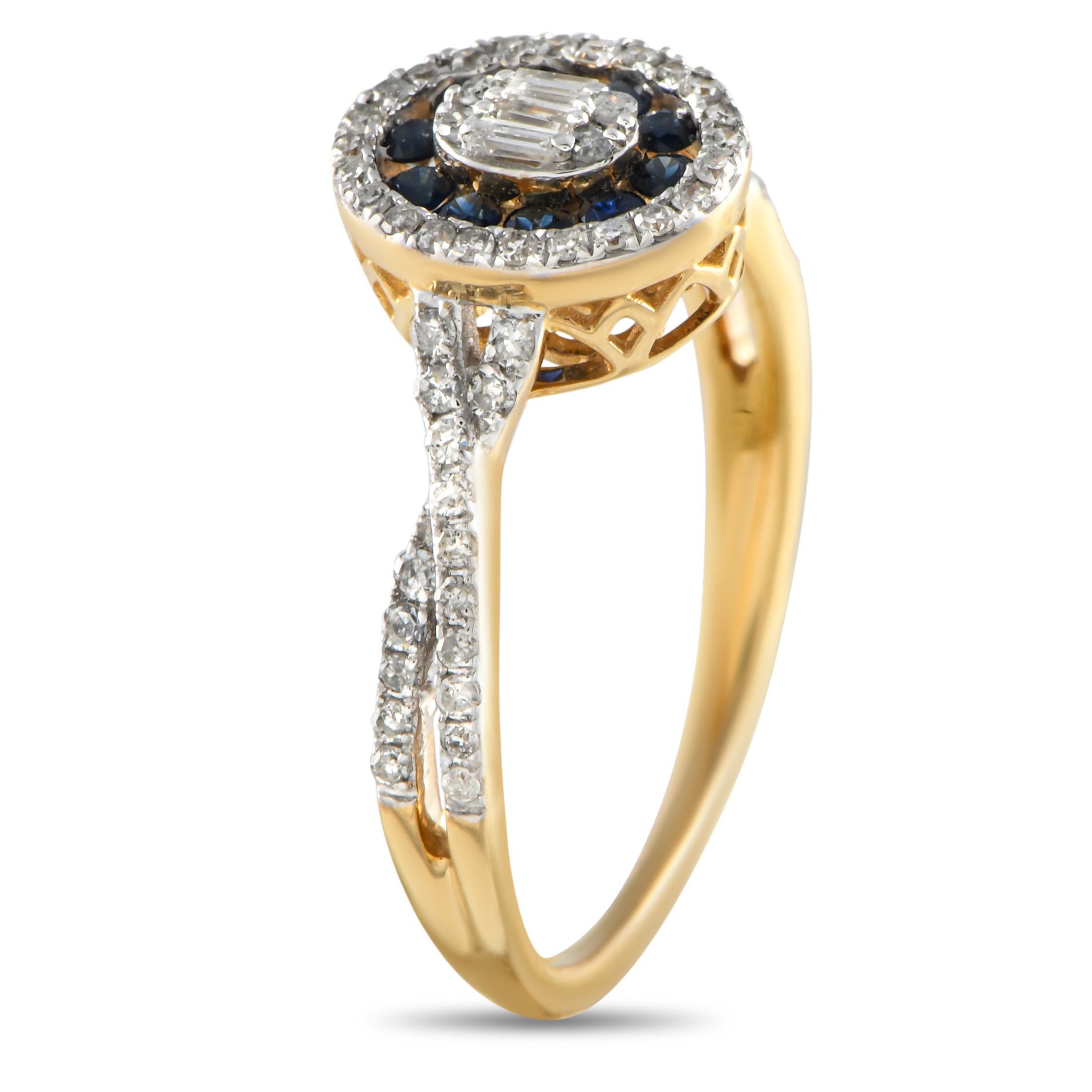 This diamond and sapphire ring, offer an easy way to transform your look. Crafted from 14K yellow gold, the oval-shaped diamond clusters elegantly frame vibrant blue sapphires and a shimmering diamond center. This brand new 14K Yellow Gold 0. 40 ct