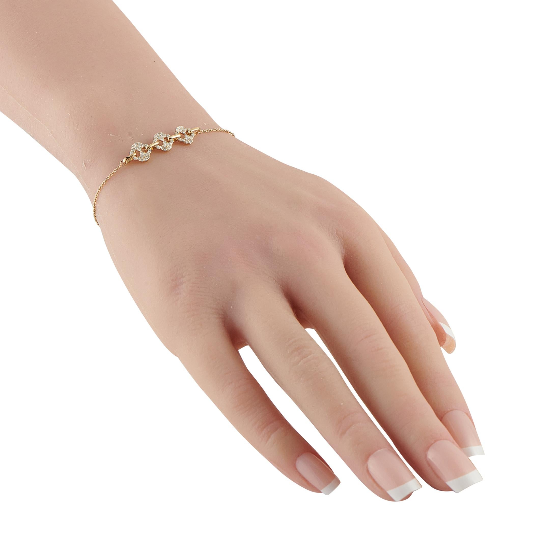 Sparkling Diamonds totaling 0.40 carats make a statement at the center of this delicate bracelet. Crafted from lustrous 14K Yellow Gold, it measures 7.25 long and includes secure lobster clasp closure.This jewelry piece is offered in brand new
