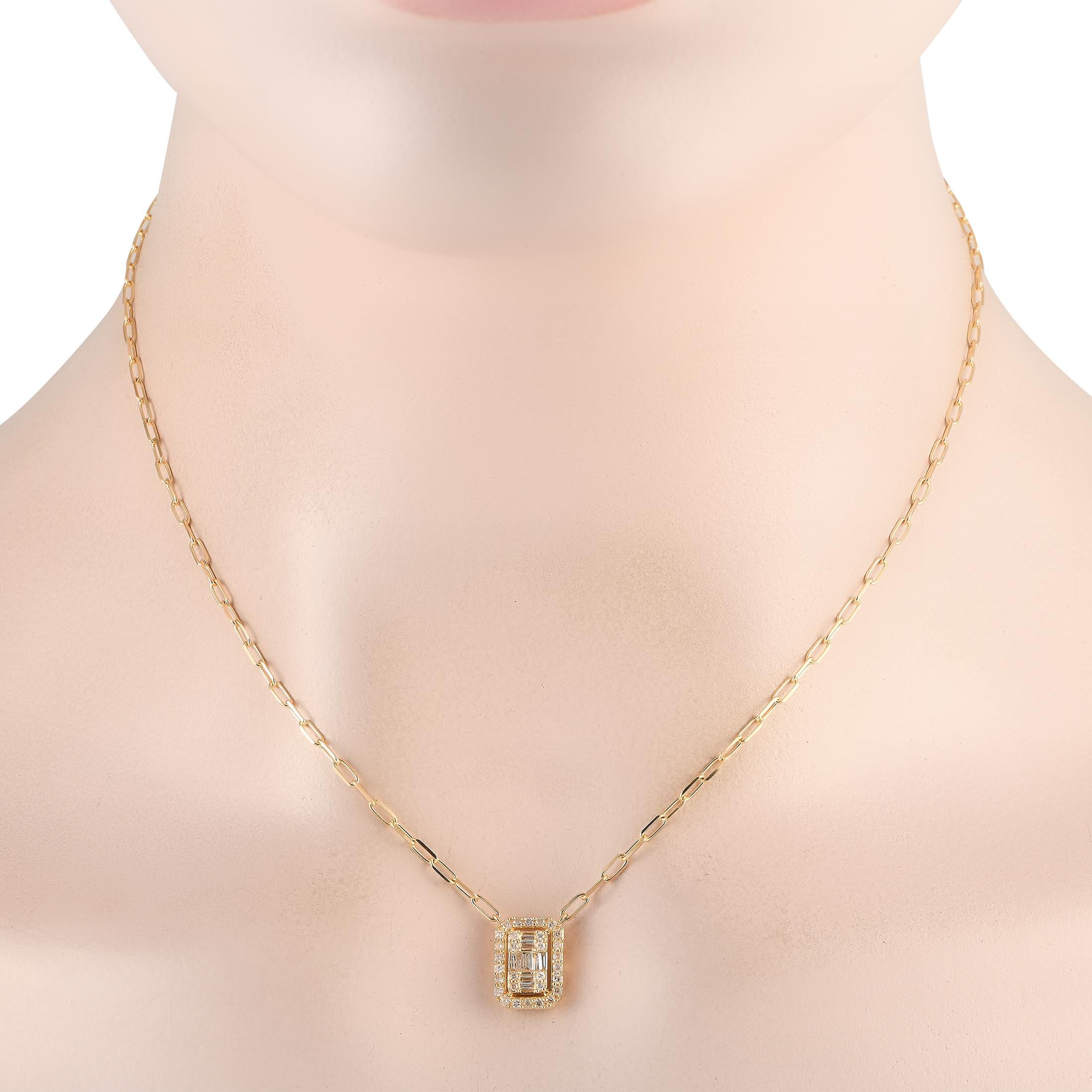 A necklace designed with all-day sparkle in mind. This piece features a slender paperclip chain and a rectangular pendant. The pendant shines with a cluster of round and baguette diamonds surrounded by a rounded rectangle frame of more round