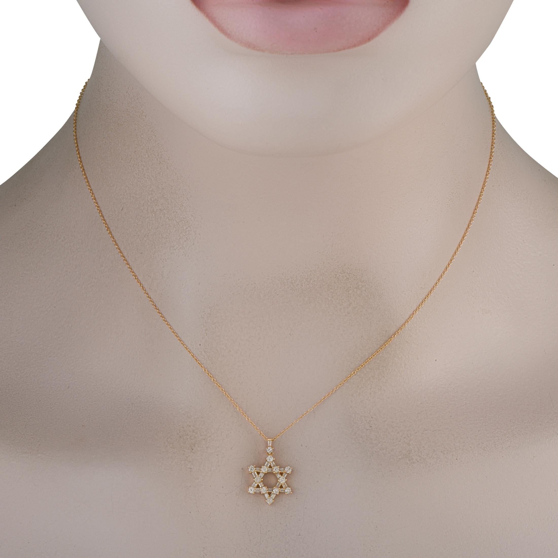 This necklace is simple, elegant, and statement-making. On this piece, a classic six-pointed star crafted from 14K yellow gold is suspended from a 15.75 chain. The pendant measures 0.65 long by 0.48 wide and beautifully showcases sparkling diamonds