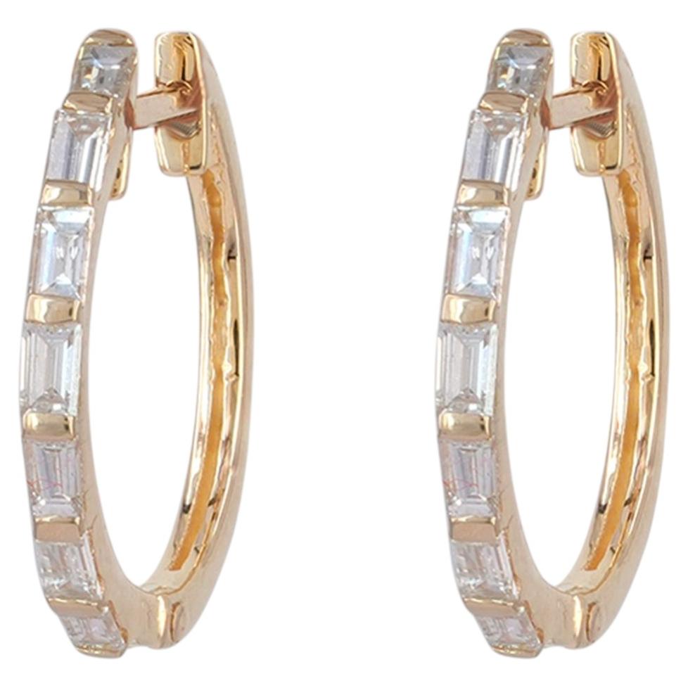 14K Yellow Gold 0.41 CT Natural Baguette Diamond Channel-Set Huggie Hoop Earring