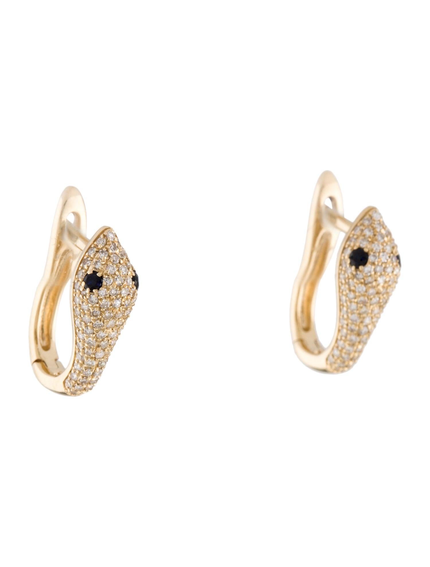 Round Cut 14K Yellow Gold 0.42 Carat Diamond & Sapphire Snake Earrings For Sale